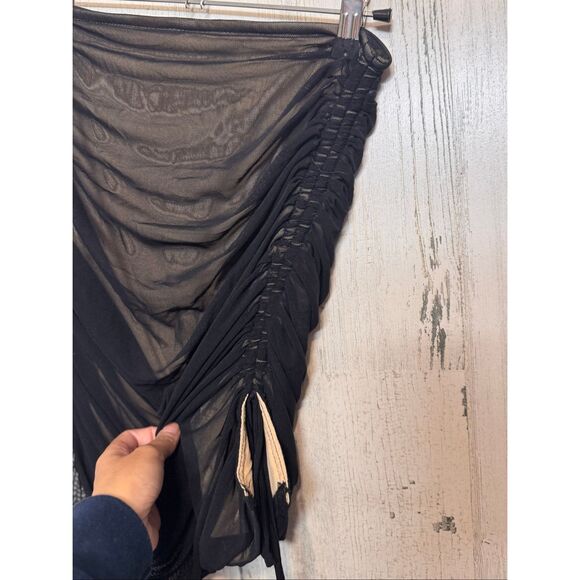 Privy Windsor Black Mesh Ruched Mini Skirt | Sheer Overlay Nude Lining Bodycon S - Picture 3 of 10